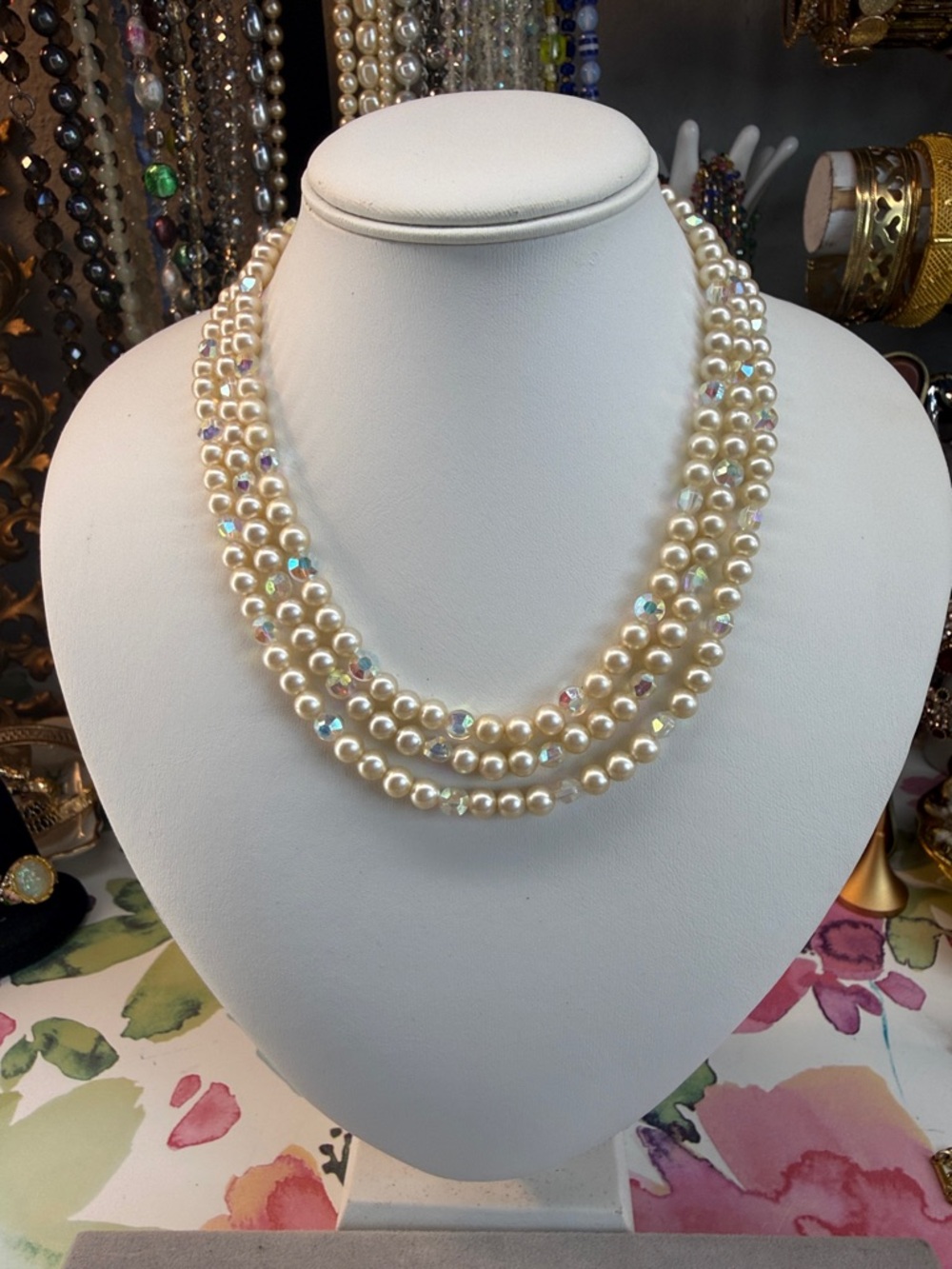 Vintage Marella! Classic Triple-Strand AB & Pearl Necklace